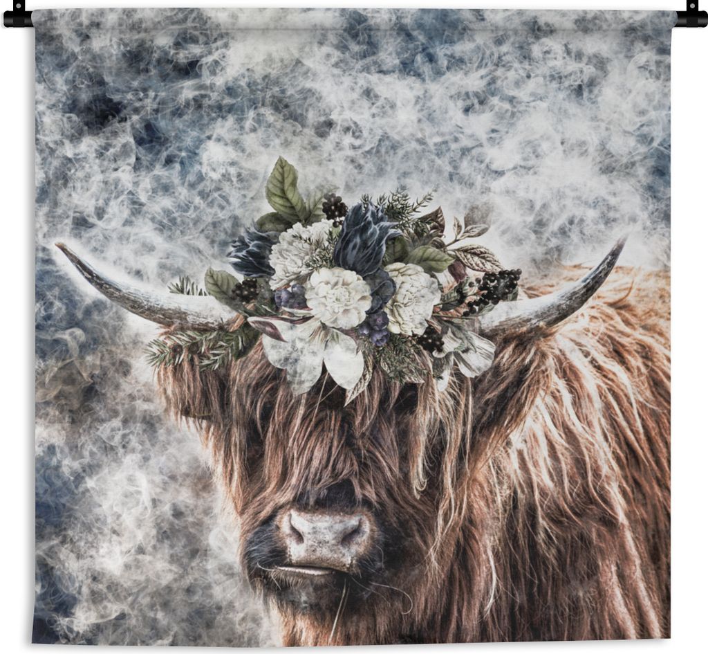 MuchoWow Wandteppich Wandbehang Schottischer Highlander - Tiere - Blumen 150x150 cm Tapisserie Dekoration Wandtuch - Wohnaccessoires - Modernes