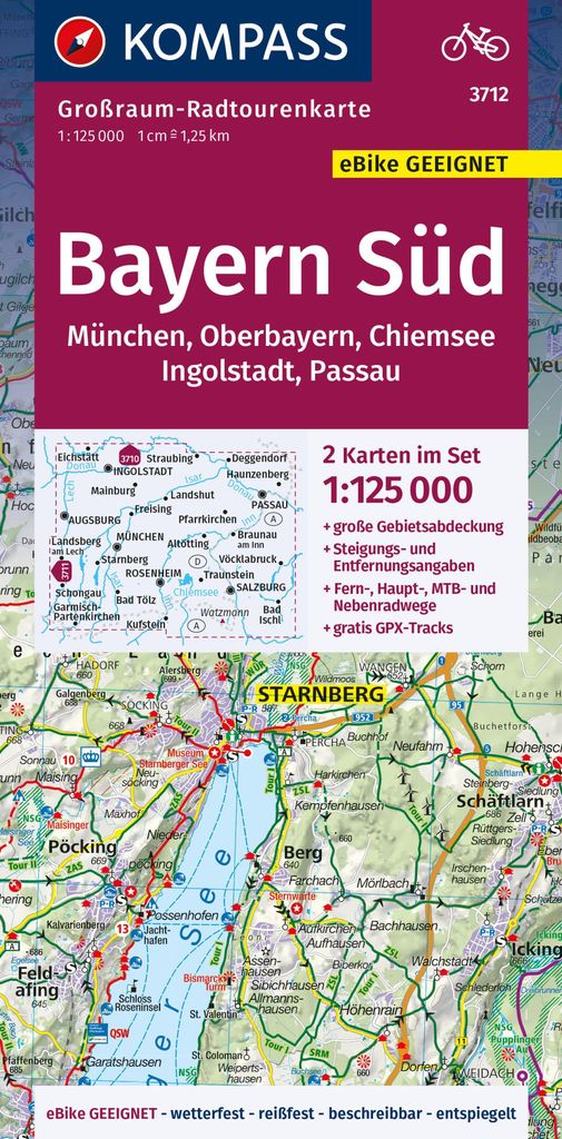 KOMPASS Großraum-Radtourenkarte 3712 Bayern Süd, Oberbayern, Chiemsee, Ingolstadt, Passau, München, 1:125.000