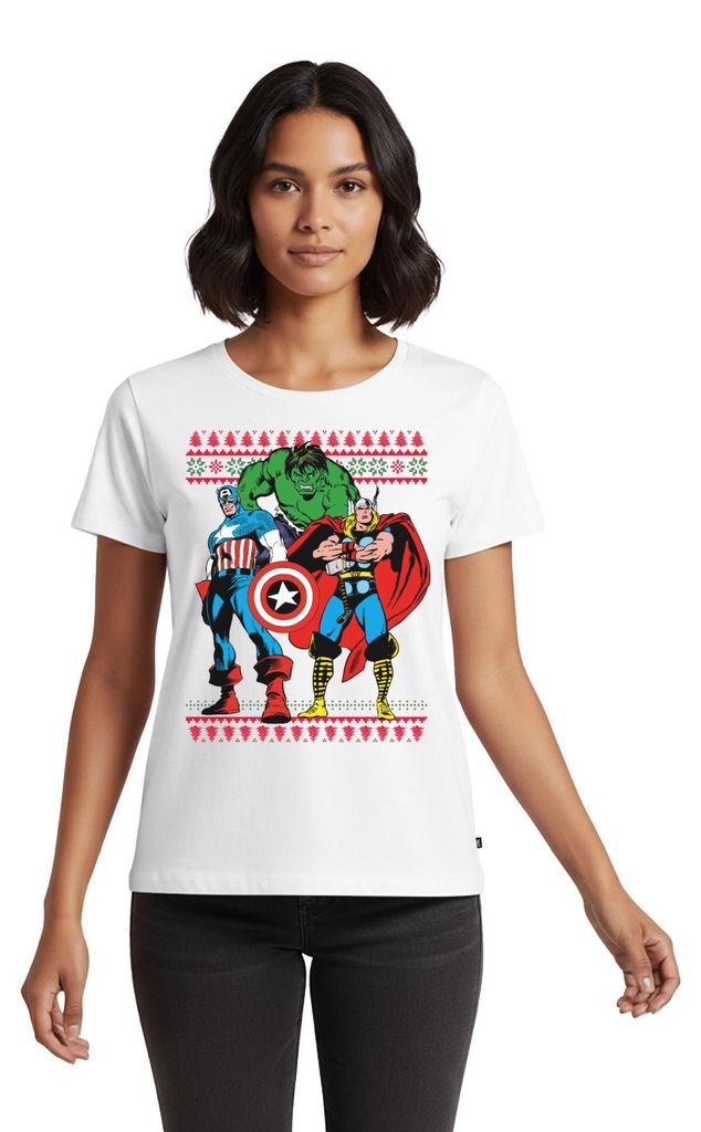 Spreadshirt Avengers Superhelden Ugly Christmas Frauen Premium T-Shirt, 5XL, Weiß