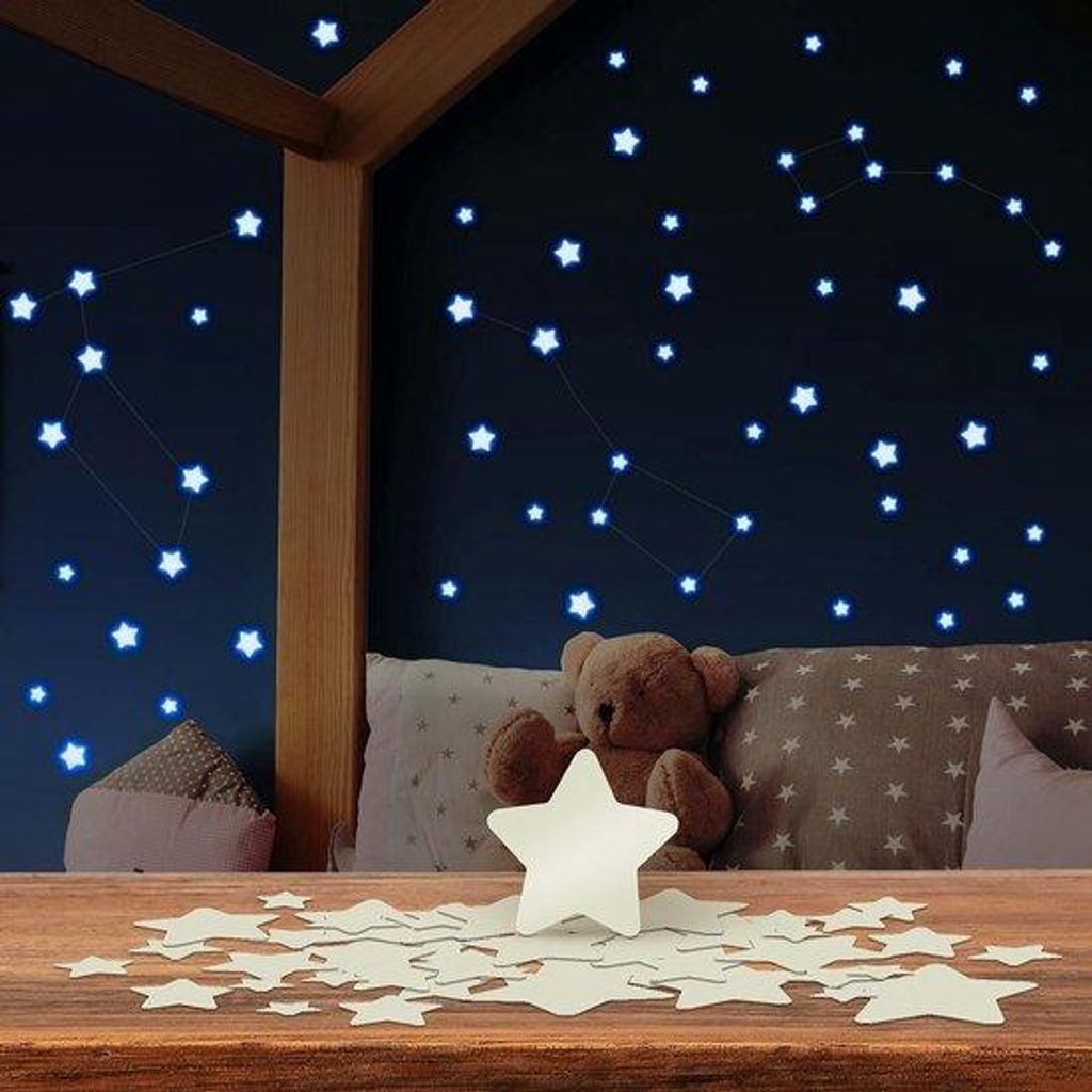 Glow in the Dark Kinderzimmer Deko - 100 Sterne Sticker Set - Selbstklebend und leicht entfernbare - inkl. Sterne Konstellationen Anleitung