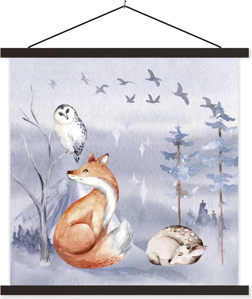 MuchoWow Textilposter Fuchs - Winter - Gemälde 60x60 cm mit schwarzem Rahmen - Posteraufhänger
