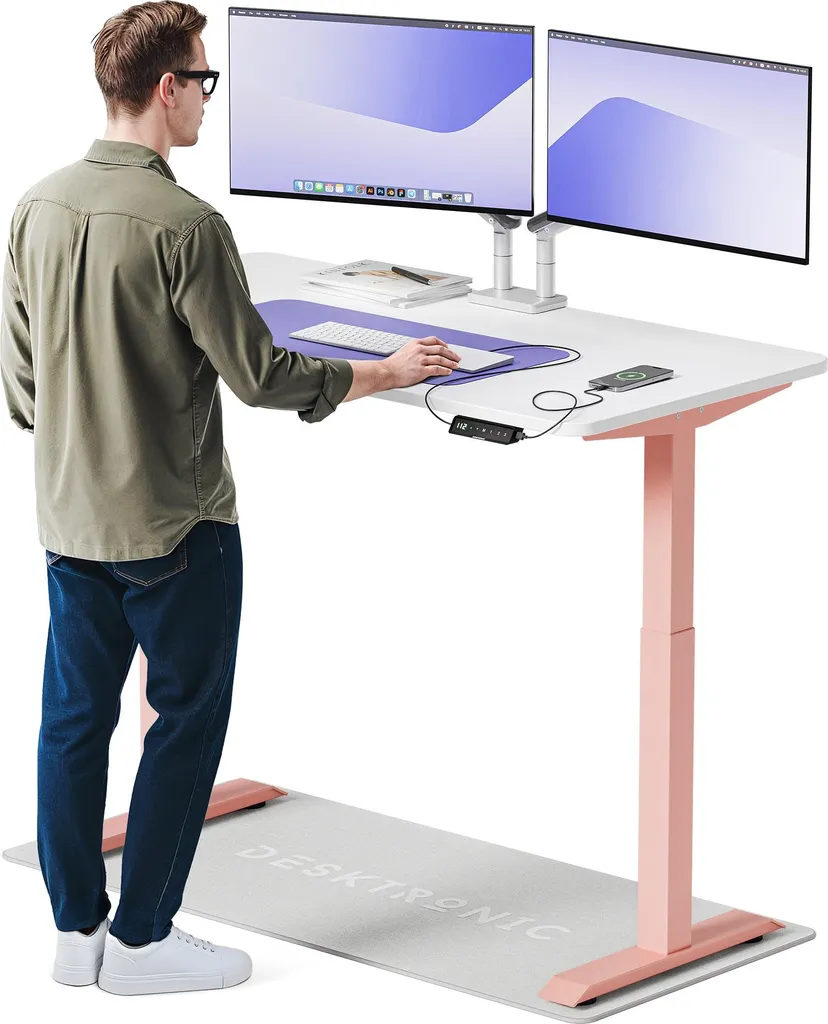 Bureau réglable en hauteur motorisé 140x70 cm HomeOne Rose et Blanc