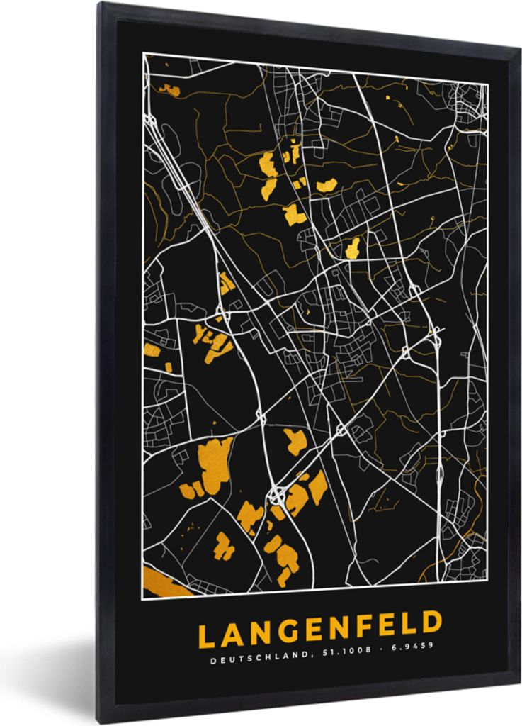 MuchoWow Gerahmtes Poster Schwarz und Gold - Stadtplan - Langenfeld - Deutschland - Karte 40x60 cm - Poster mit Schwarzem Bilderrahmen Wandposter...