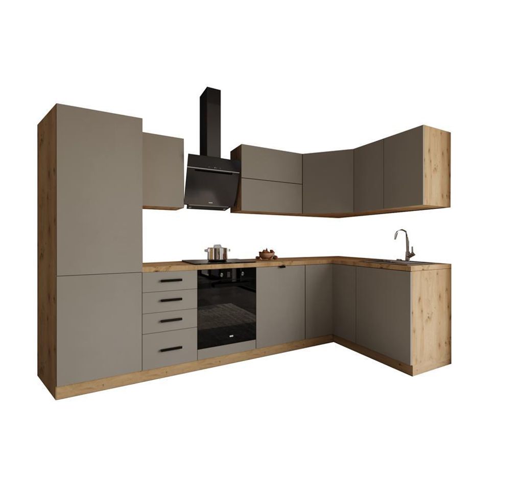 Winkelküche 300 x 140 cm Einbauküche Komplettküche Ohne Arbeitsplatte L-Küche Küchenblock, Langen KL6-M300, Beige/Matt