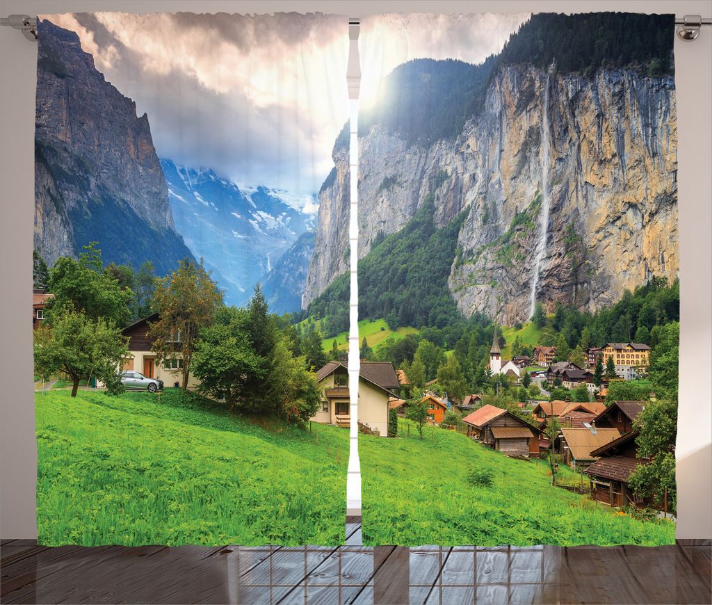 ABAKUHAUS Landschaft Rustikaler Vorhang, Wasserfall Sonnenlicht, Wohnzimmer Universalband Gardinen mit Schlaufen und Haken, 280 x 245 cm, Grün Grau