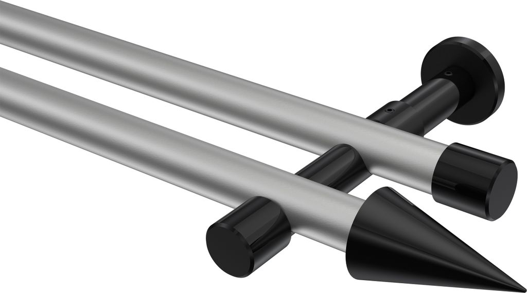 Interdeco Gardinenstange / Vorhangstange Silbergrau / Schwarz, Typ Prestige Savio (Kegel) ohne Ringe, 20 mm Ø 2-läufig, 160 cm