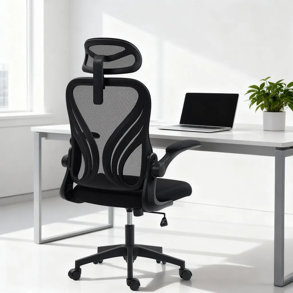Chaise télétravail ergonomique, dossier pliable et appui-tête réglable