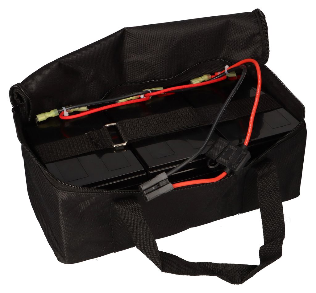 A black bag containing batteries and wires, likely for an electric scooter.