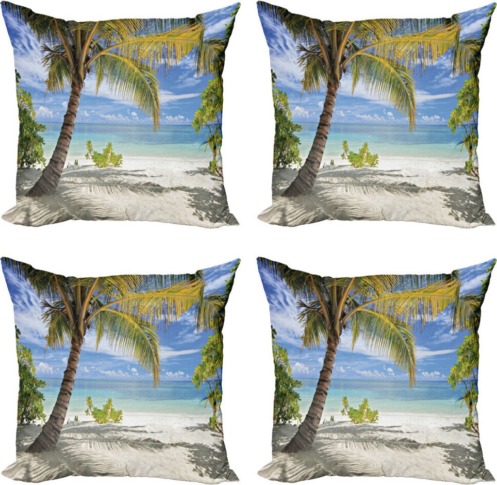 ABAKUHAUS Palme Kissenbezug Set (4 Stück), Palmen Küste, Moderner Doppelseitiger Digitaldruck, 50 cm x 50 cm, Kokosnuss und Blau
