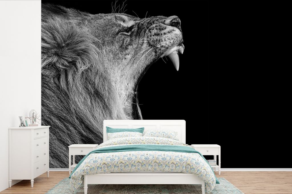 MuchoWow Fototapete für Wohnzimmer oder Schlafzimmer Wandtapete Vinyl Motivtapete Tiere - Löwe - Schwarz - Weiß - Porträt - 420x280 cm - Zimm...