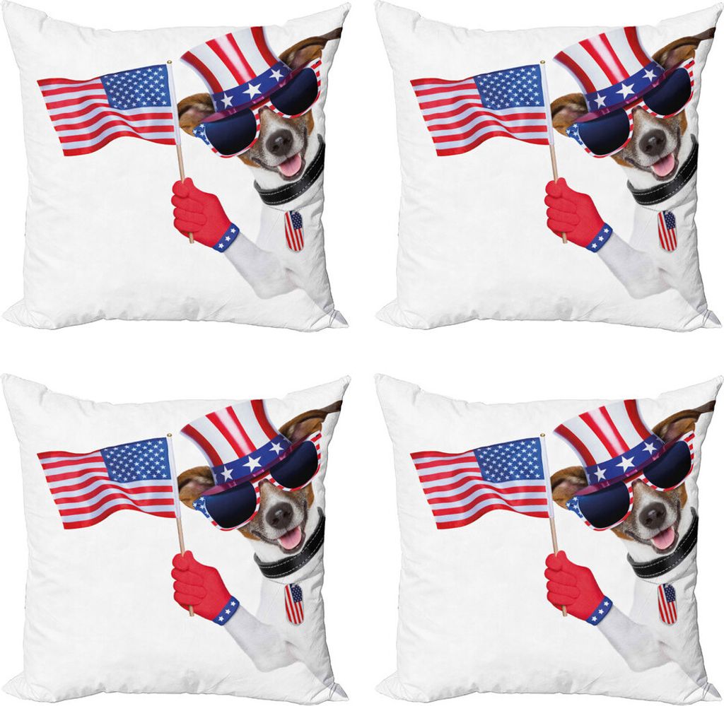ABAKUHAUS 4. Juli Kissenbezug Set (4 Stück), Patriotisch Haustier Hund, Moderner Doppelseitiger Digitaldruck, 50 cm x 50 cm, Mehrfarbig