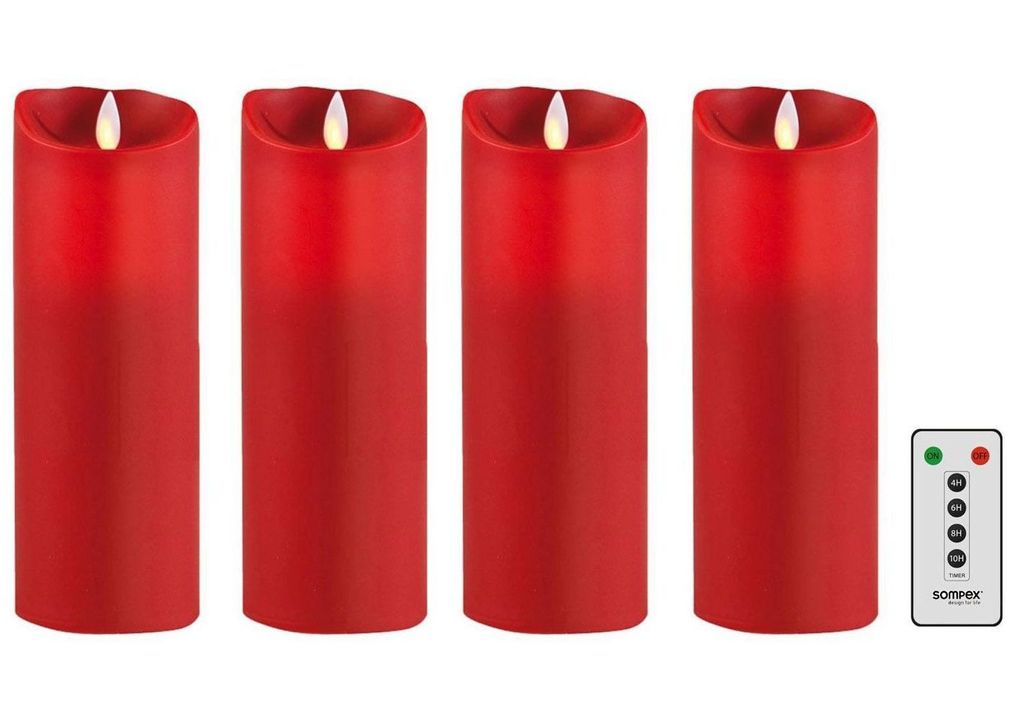 4er Set Sompex Flame LED Echtwachskerzen 23cm rot mit Fernbedienung Adventskranz