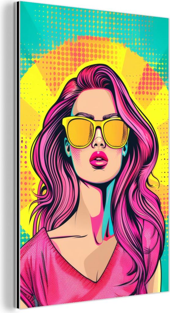 MuchoWow Wanddekoration Metall Metallbild Wandkunst 60x90 cm Sonnenbrille - Frau - Sonnig - Gelb MuchoWow Aluminium Gemälde - Wandbilder - Aluminium