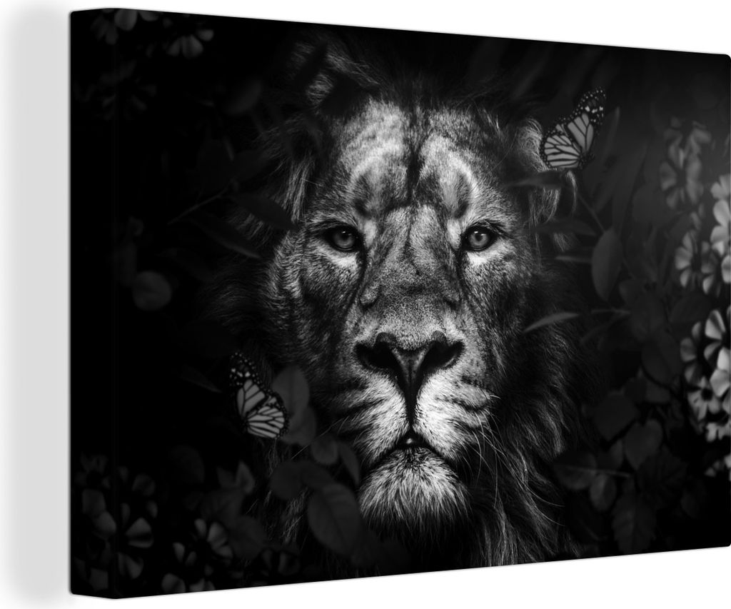 OneMillionCanvasses - Leinwandbilder - 150x100 cm, Löwe mit Schmetterlingen und Blumen im Dschungel - schwarz und weiß, Wandbilder Kunstdruck W...