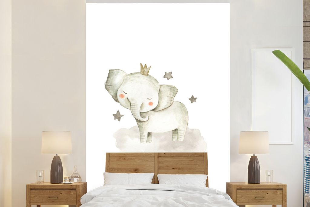 MuchoWow Fototapete für Wohnzimmer oder Schlafzimmer Wandtapete Vinyl Motivtapete Tiere - Elefant - Sterne - 195x300 cm - Das Hintergrundbild