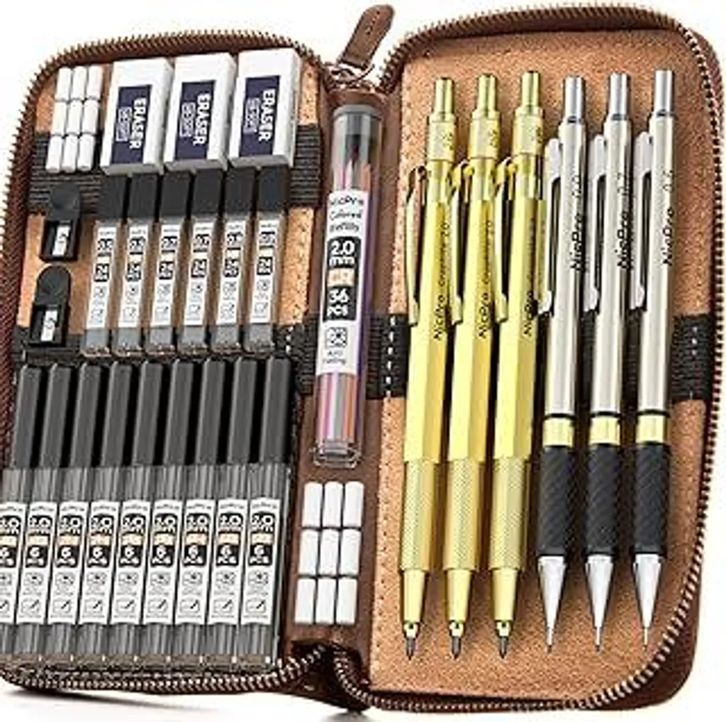 Leikedun 4 Pezzi Matite Meccaniche Set 0,3/0,5/0,7/0,9 mm Portamine, 4 Tubi (48 Pezzi) Mine HB e 2 Gomme, Matite per Artista Studenti Disegno Scrittura Schizzi