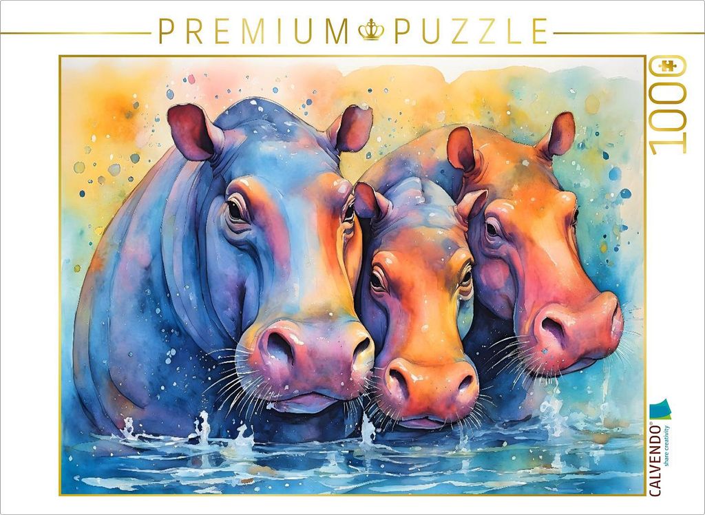 CALVENDO Puzzle Planschende, bunte Nilpferde | 1000 Teile Lege-Größe 64x48cm Foto-Puzzle für glückliche Stunden