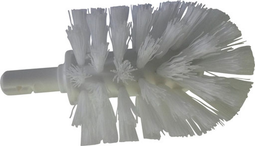 A white toilet brush head with a white handle, isolated on a white background.