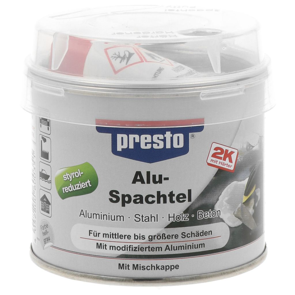 A white can of Presto Alu-Spachtel with a clear plastic lid.