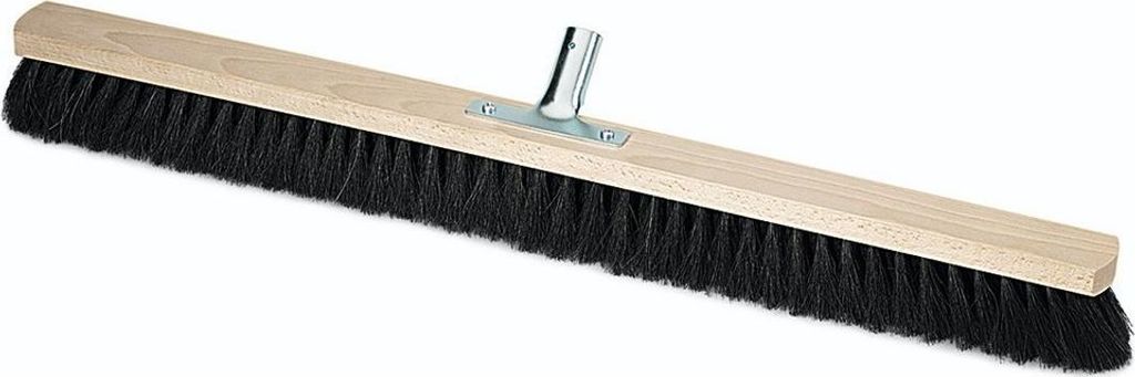 A floor broom with black bristles and a wooden handle, shown against a white background.
