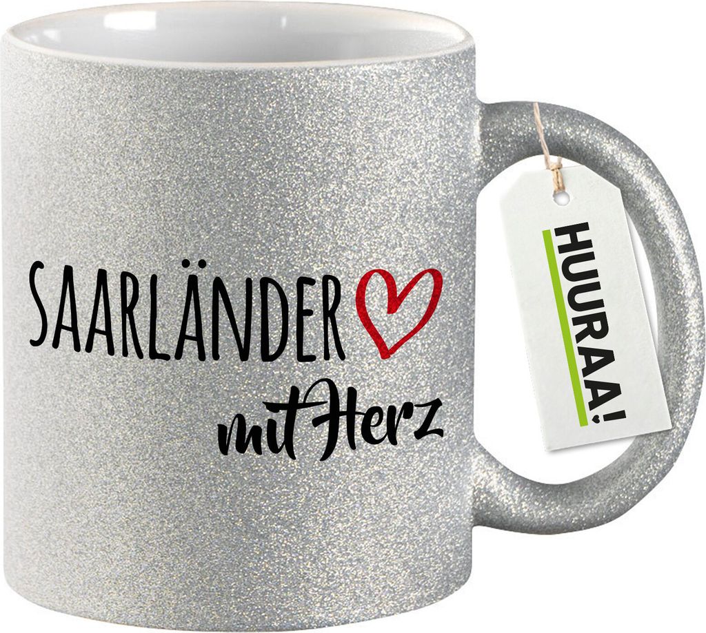 Huuraa Glitzertasse Saarländer mit Herz 330ml Silber Keramik Kaffeebecher Geschenkidee