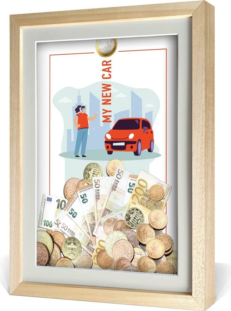 aFFa frames My Piggy Bank Spardose, 3D Bilderrahmen zum Befüllen, Geldgeschenke Verpackung für Auto, Haus, Geburtstag, mit Acrylglasfront, aus Ho...