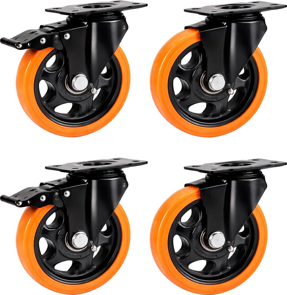 Relaxdays Lenkrollen, 4er Set, 125 mm, 600 kg, mit Bremse, Stahlplatte, Kunststoff, Schwerlastrollen, schwarz/orange
