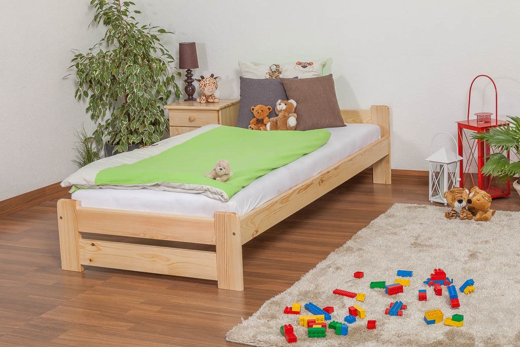 Bettrahmen für Kinder / Kinderbett 90 x 200 cm | Massivholz: Kiefer | Natur Lackiert | inkl. Rollrost