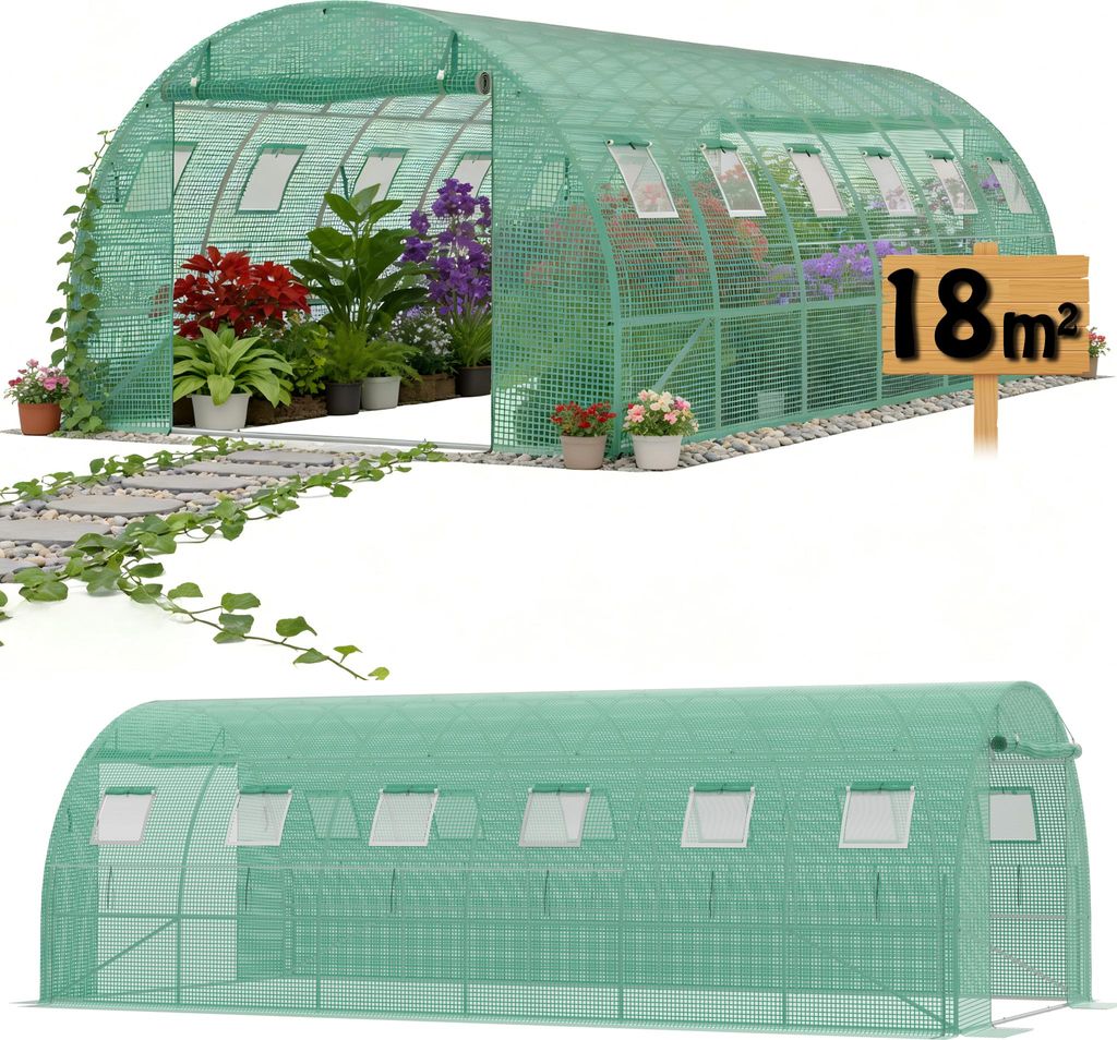 LARS360 Tomatenhaus Gartentunnel 600x300x200 cm, stabiles Foliengewächshaus mit Stahlrahmen, grünes PE-Netz, Fenster & Türen, Pflanzenhaus Garten