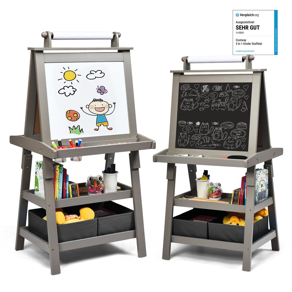 COSTWAY 3 in 1 Kinder Staffelei aus Holz, Kindertafel doppelseitig mit 2 Aufbewahrungsboxen, Whiteboard, Kreidetafel, Magneten & Zeichenpapier Grau