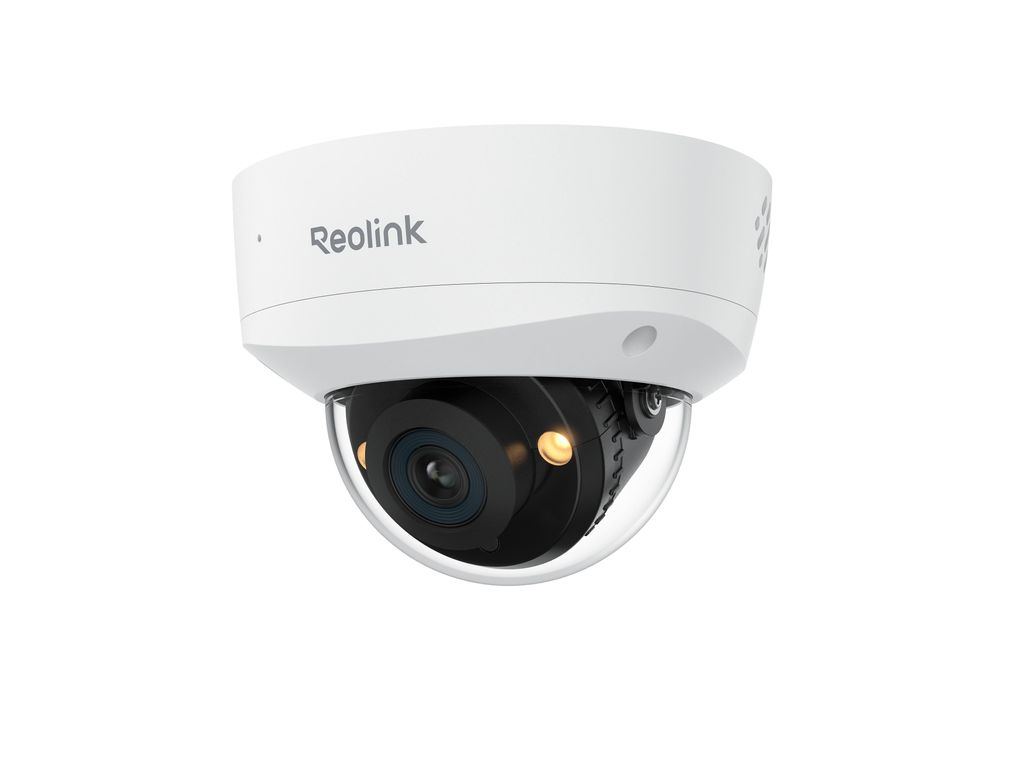 A white dome surveillance camera with a clear lens is shown against a white background.