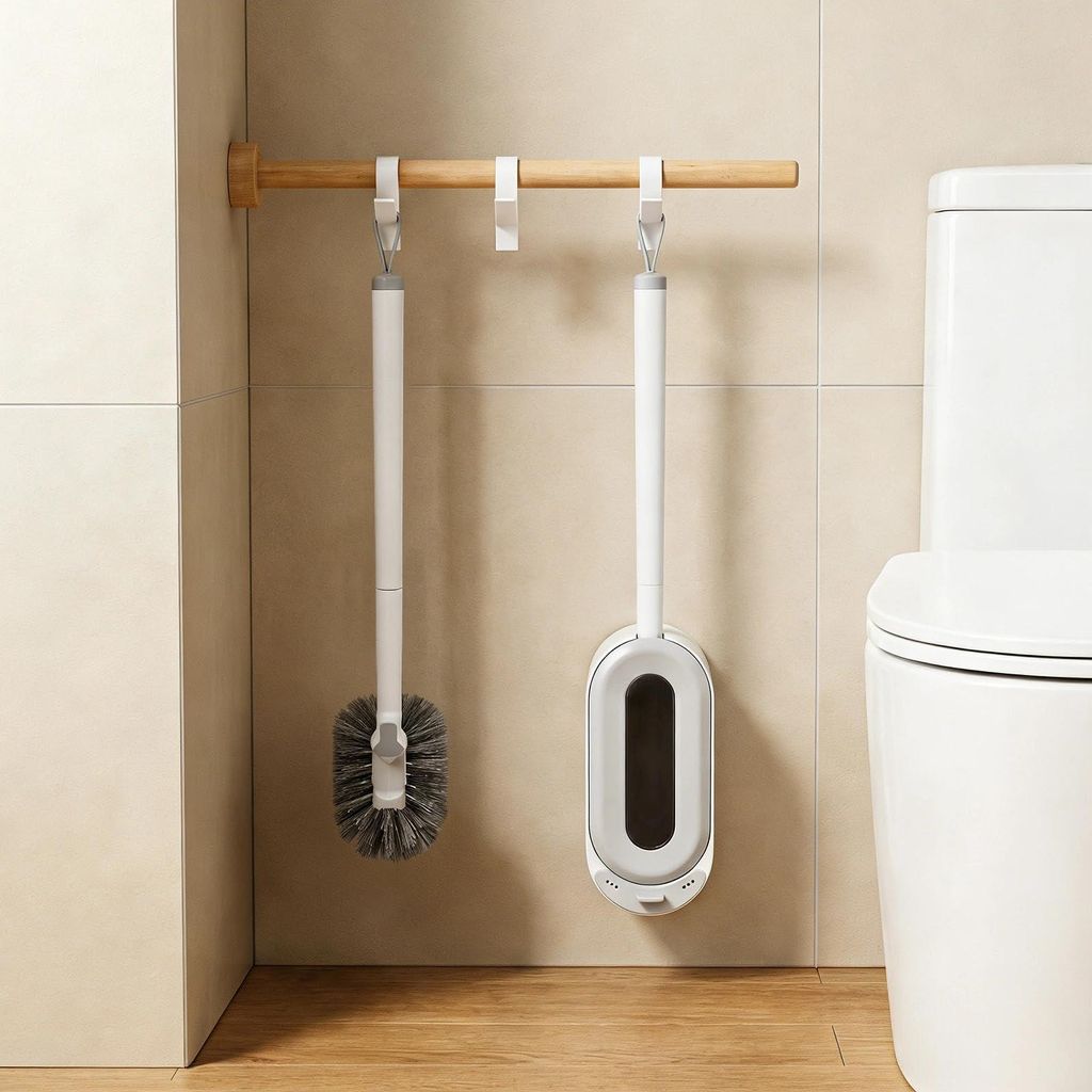 Wandmontiertes WC-Bürstenset mit Halterung, automatischem Deckel, S-förmigem Bürstenkopf, ohne Bohren, mit Tropfschale und Badhaken, weiß