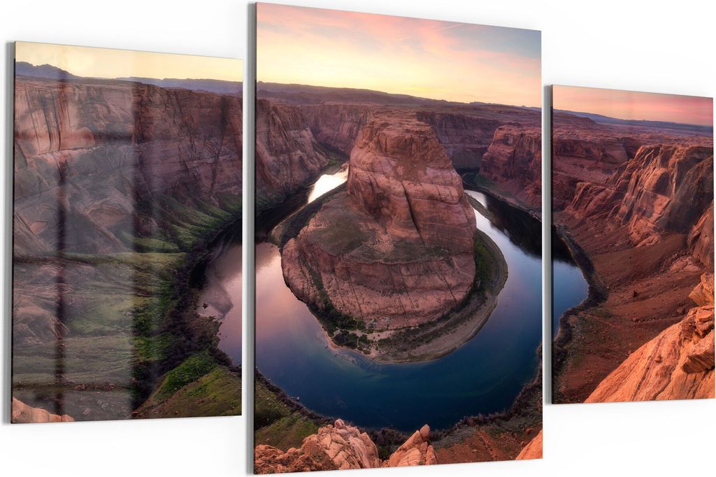 DEQORI Glasbilder 3-tlg 140x80 cm 'Horseshoe Bend am Abend' Wandbilder XXL groß