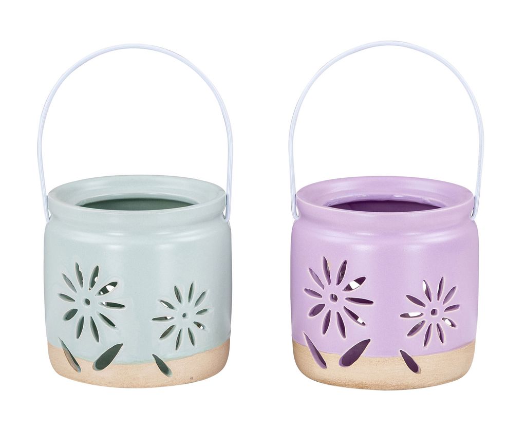 2er Set Teelichthalter H9cm Lila Grün Porzellan Windlichter Blume Frühling Tischdeko Deko Kerze Kerzenhalter
