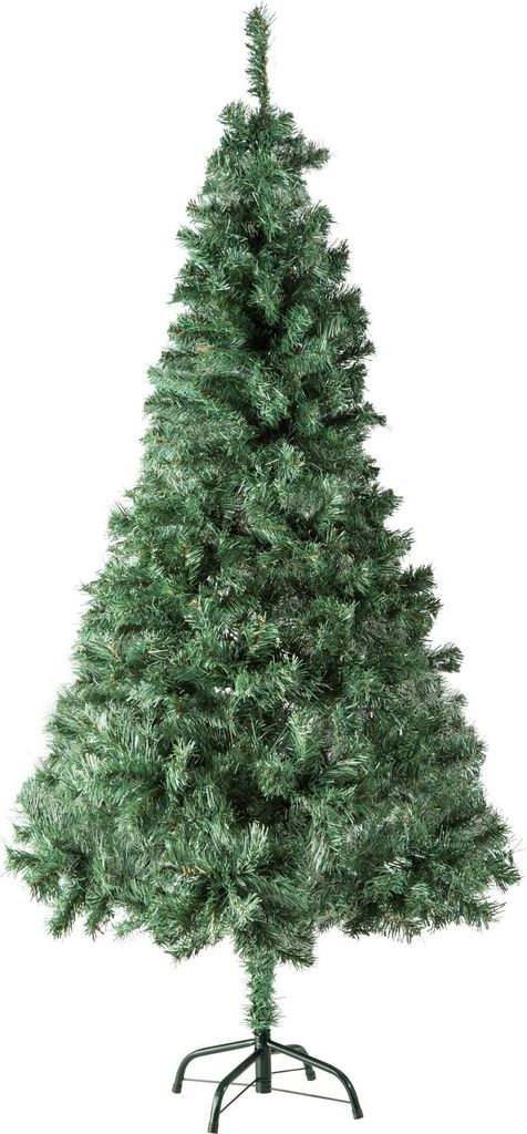 A full shot of an artificial Christmas tree on a white background.