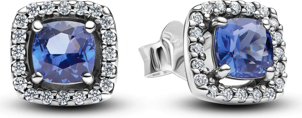 Boucles d'Oreilles Clous Carrées en Argent et Cristal Bleu Pandora