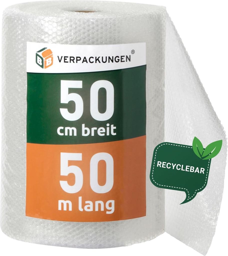 1 x Luftpolsterfolie (0,5 x 50 m) Knallfolie Noppenfolie Polsterfolie 2-lagig Typ 60 Umzug BB-Verpackungen