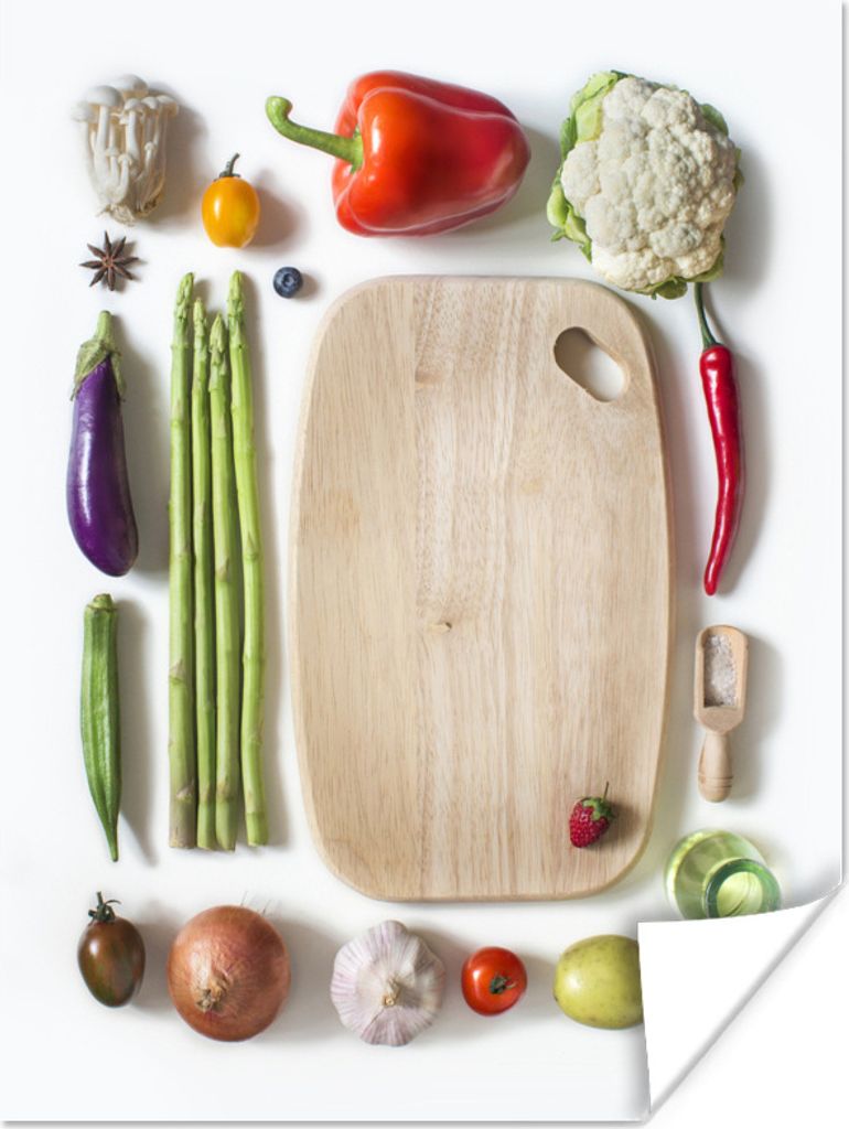 MuchoWow Poster Verschiedene Früchte und Gemüse neben dem Schneidebrett 30x40 cm - Wandplakat - Poster Kinderzimmer