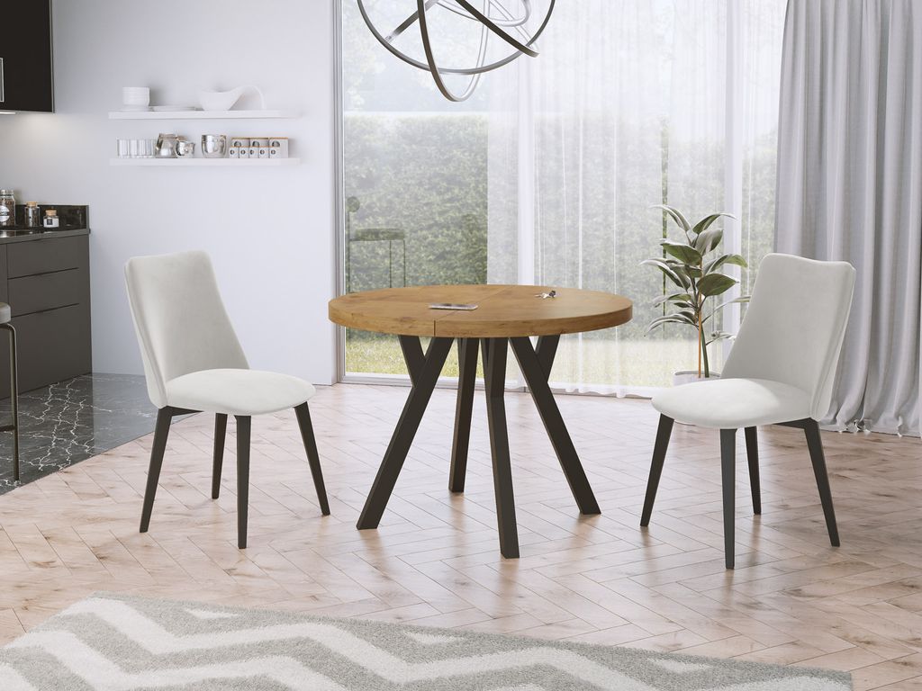 Designer Runder Ausziehbarer Esstisch - Loft-Stil, Industriell, Platzsparend - Schwarze Beine - 90 bis 170 cm - für 4-8 Personen - Hergestellt in ...