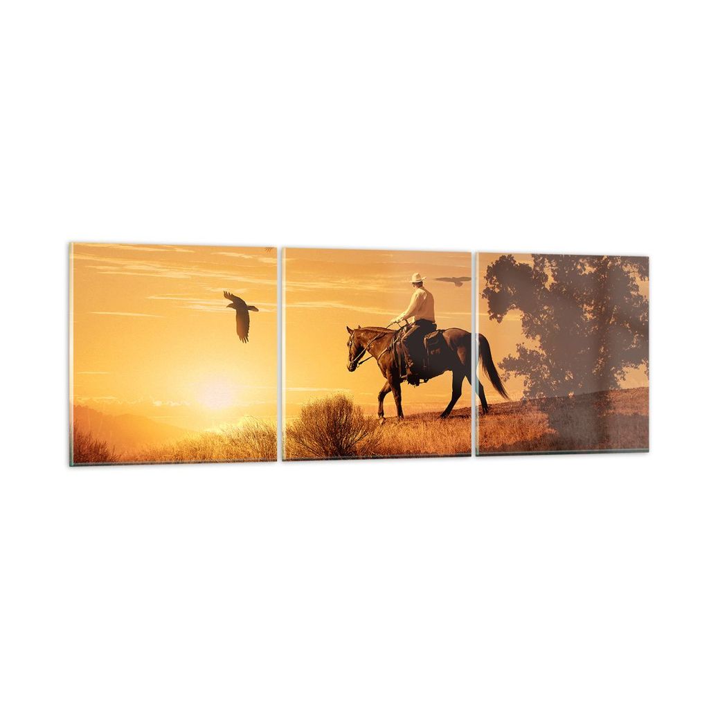 Bilder auf glas - Pferd Cowboy Bauernhof Reiten - 120x40cm - Glasbilder - Wandbilder - Kunstdruck - zum Aufhängen bereit - Wanddekoration aus Glas...