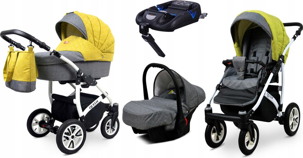 BabyLux Queen | 4in1 Kinderwagen Set | Ceylon Yellow | Kombikinderwagen | Kinderwagenset | Isofix-Basisstation + Buggy + Babywanne + Autositz / A...