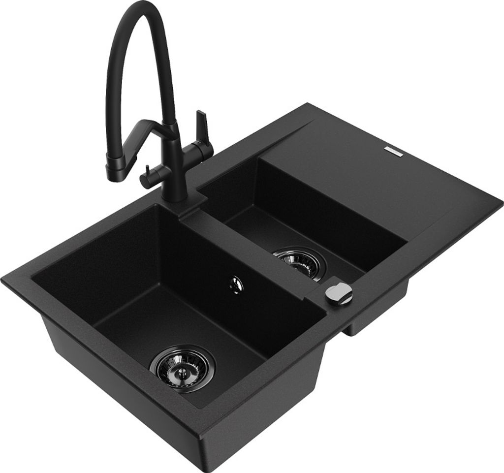 Mexen Gaspar 1,5-Becken-Granitspüle mit Abtropffläche und Mischbatterie Duo, Schwarz - 6507-77-671701-70-B