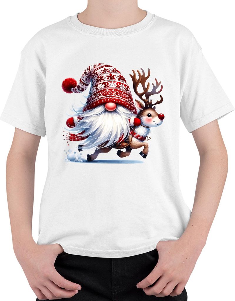 Weihnachtsmann mit Rentier lustig Cartoon Weihnachten Zwerg Gnom Uni Kinder T-Shirt, Weiß, 104