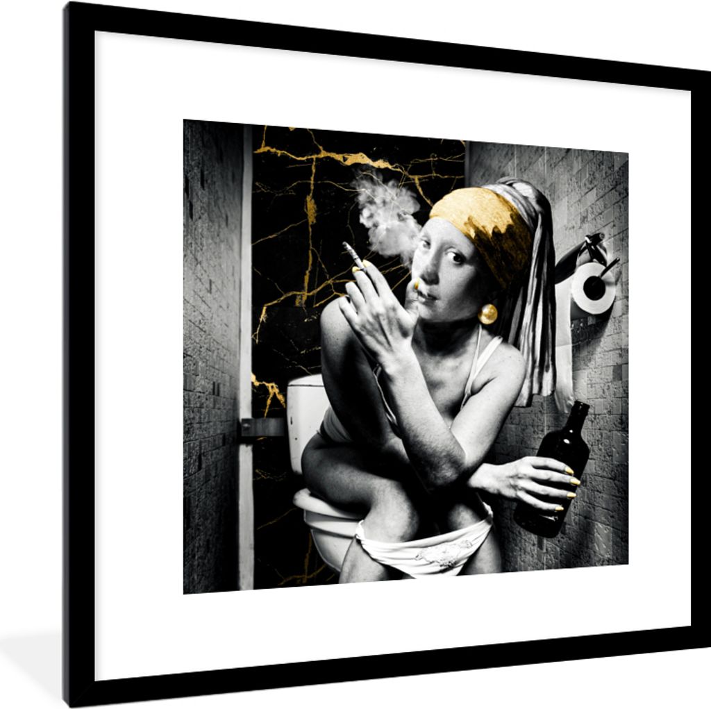 MuchoWow Gerahmtes Poster Marmoroptik - Mädchen mit Perlenohrring - Zigaretten - Toilette - Gold - Kunst - Alte Meister 40x40 cm - Poster mit Sc...