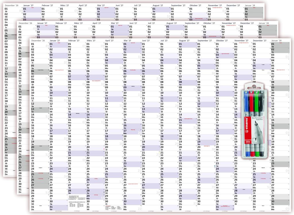 3 Stück XXXL Wandkalender Special A0 2027 nass abwischbar inkl. Stifteset (Format 120 x 80cm) Jahresplaner Wandplaner gerollt mit extra großen Ta...