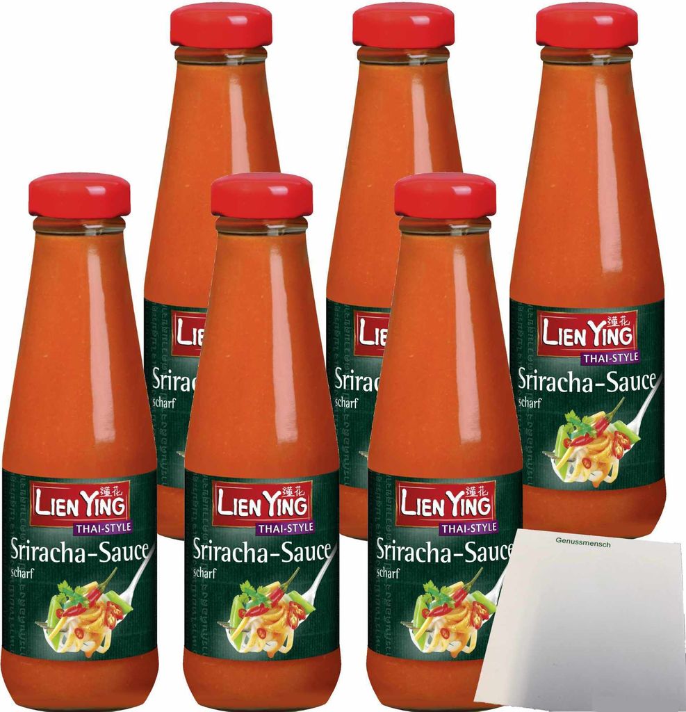 Lien Ying Thai Style Sriracha-Sauce scharf 6er Pack (6x200ml Flasche) + usy Block