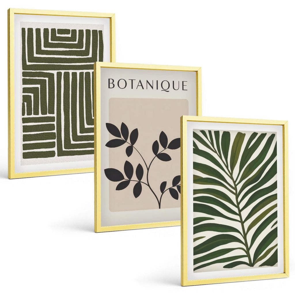 Bilder Set 3-teilig im Goldrahmen Rahmen – Wandbilder 3 Stück – gerahmte Poster für Wohnzimmer, Schlafzimmer und Flur – 40x60 cm – Botani...