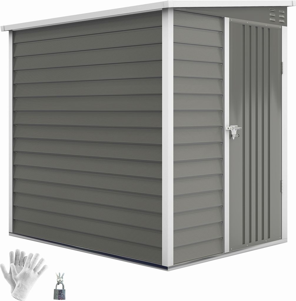 A grey metal garden shed with a white trim and a single door on a white background. A pair of white gloves and a padlock are shown in the bottom left corner.