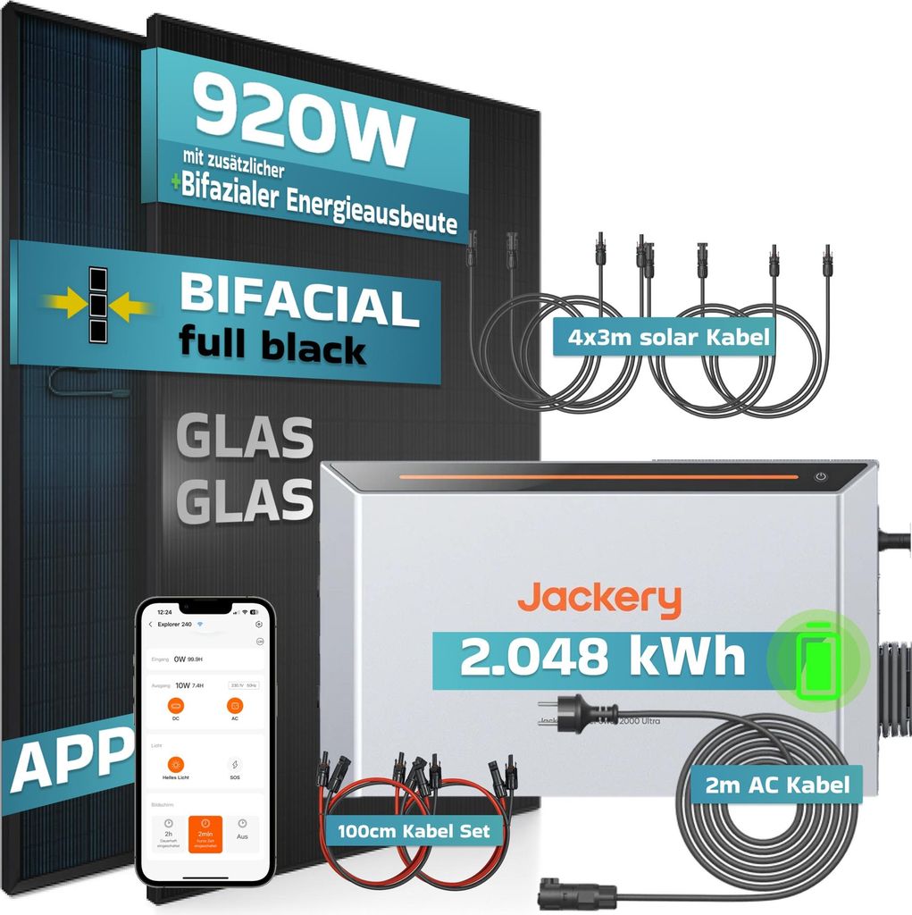 SUNNIVA 920W Balkonkraftwerk mit 2,048 kWh Speicher Jackery HomePower 2000 Ultra, BIFAZIAL FULLBLACK komplett Steckdose, PV Solaranlage Komplettset