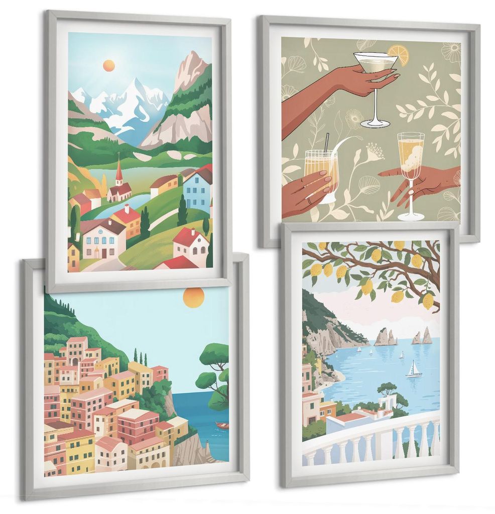 Bilder Set 4-teilig im silbergerahmten Rahmen – Wandbilder 4 Stück – gerahmte Poster für Wohnzimmer, Schlafzimmer und Flur – 50x50 cm - 40x...